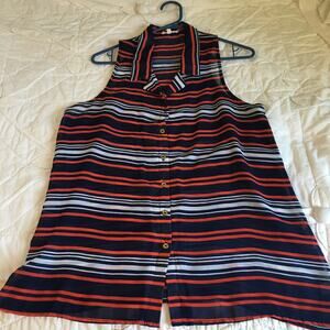 THYME & HONEY red/white/blue stripe sleeveless collared button-up blouse SZ L